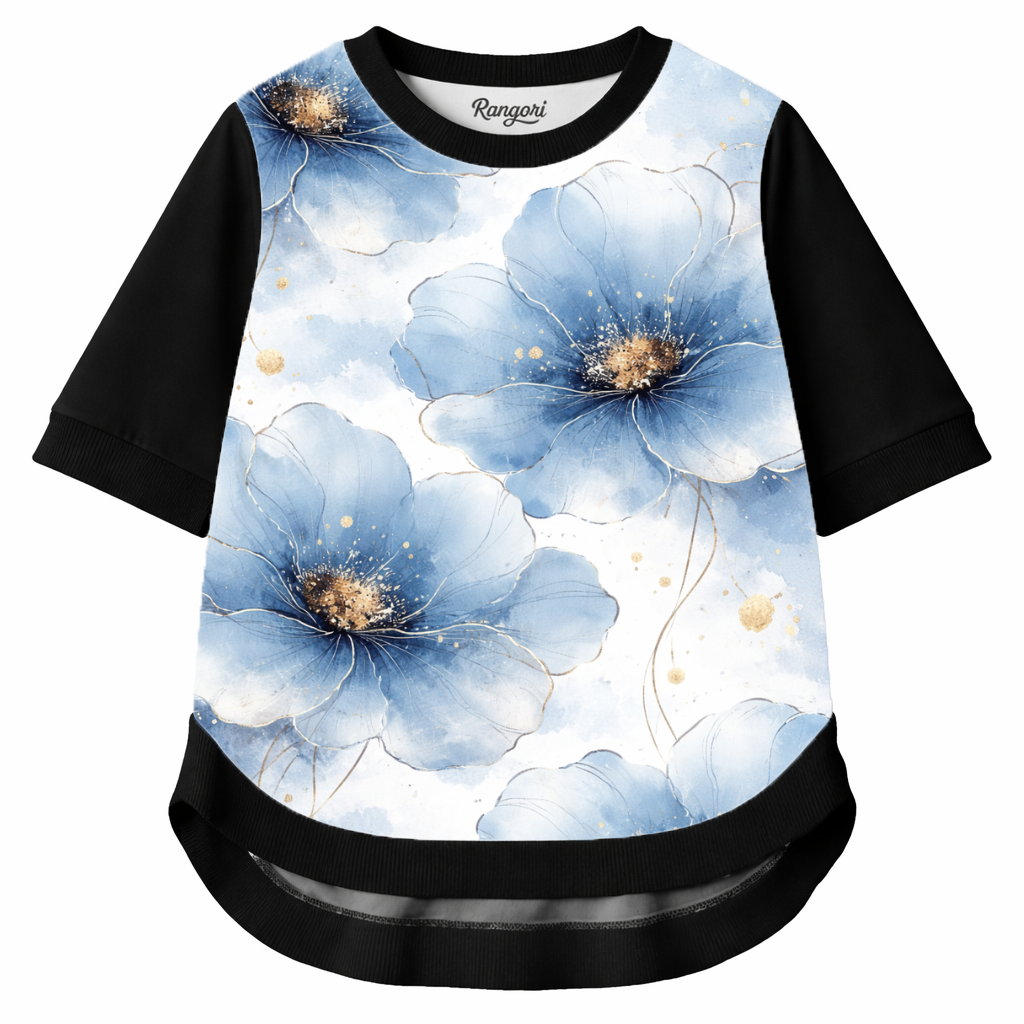 Azure Petals – Women Blue Floral Print T-shirt | Rangori