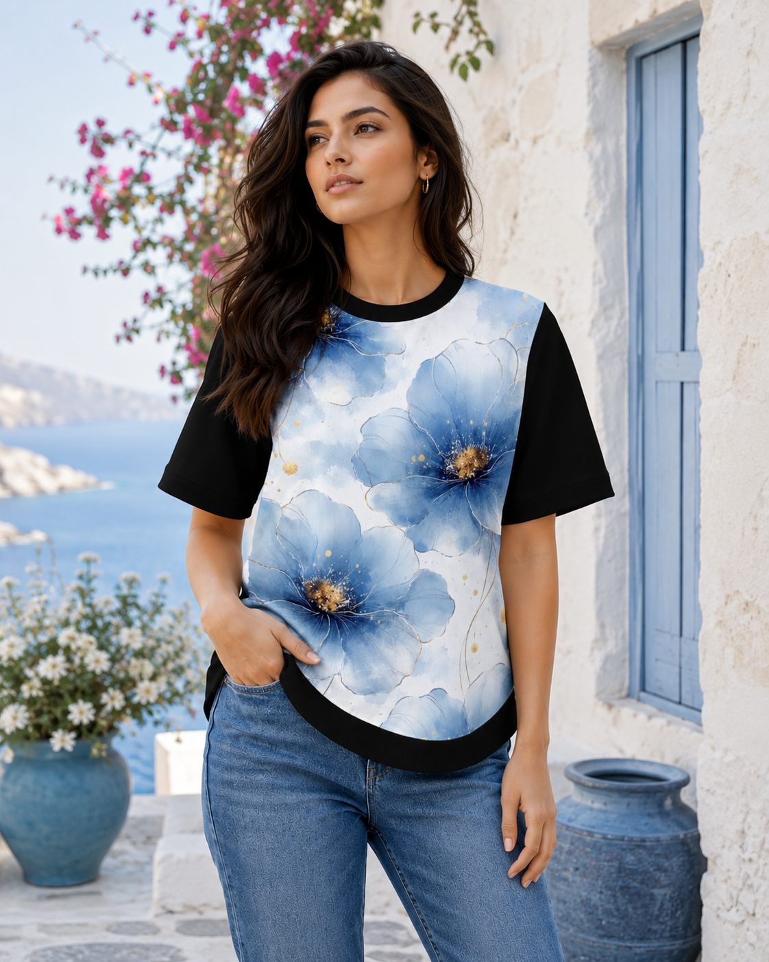 Azure Petals – Women Blue Floral Print T-shirt | Rangori
