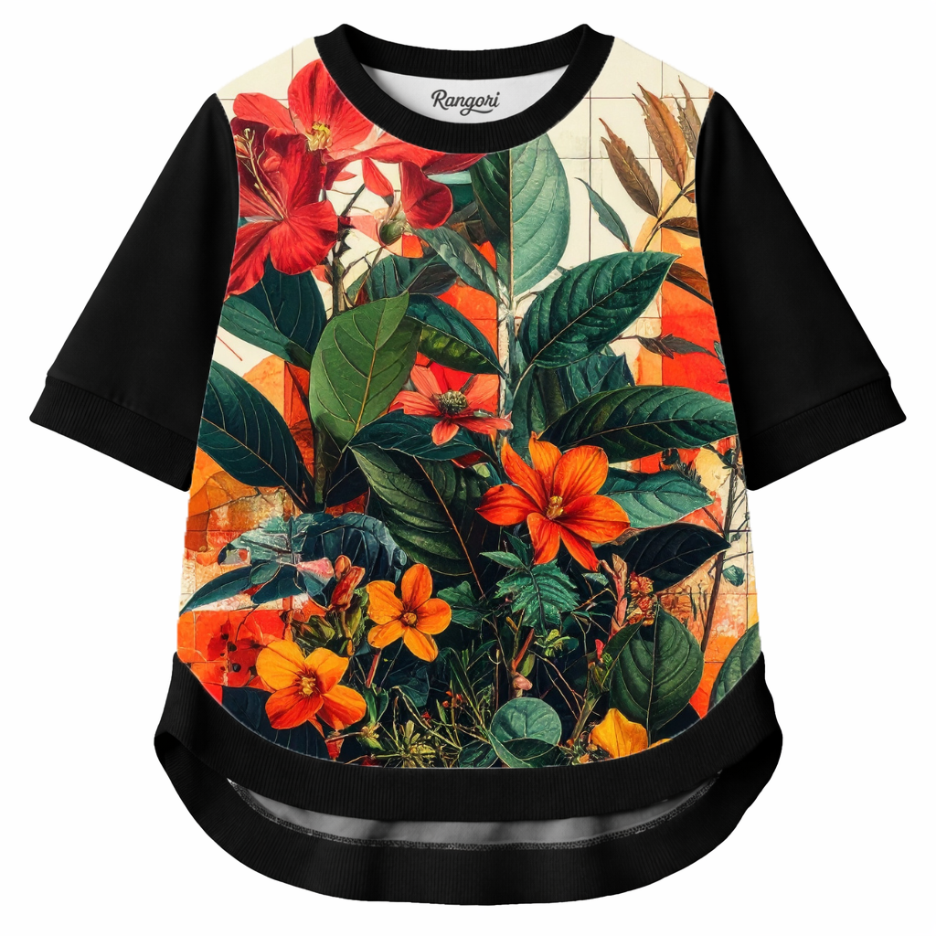 Crimson Grove – Women Red Floral Print T-shirt | Rangori