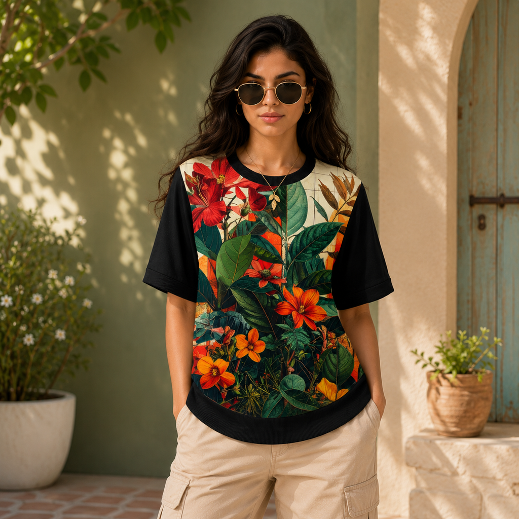 Crimson Grove – Women Red Floral Print T-shirt | Rangori