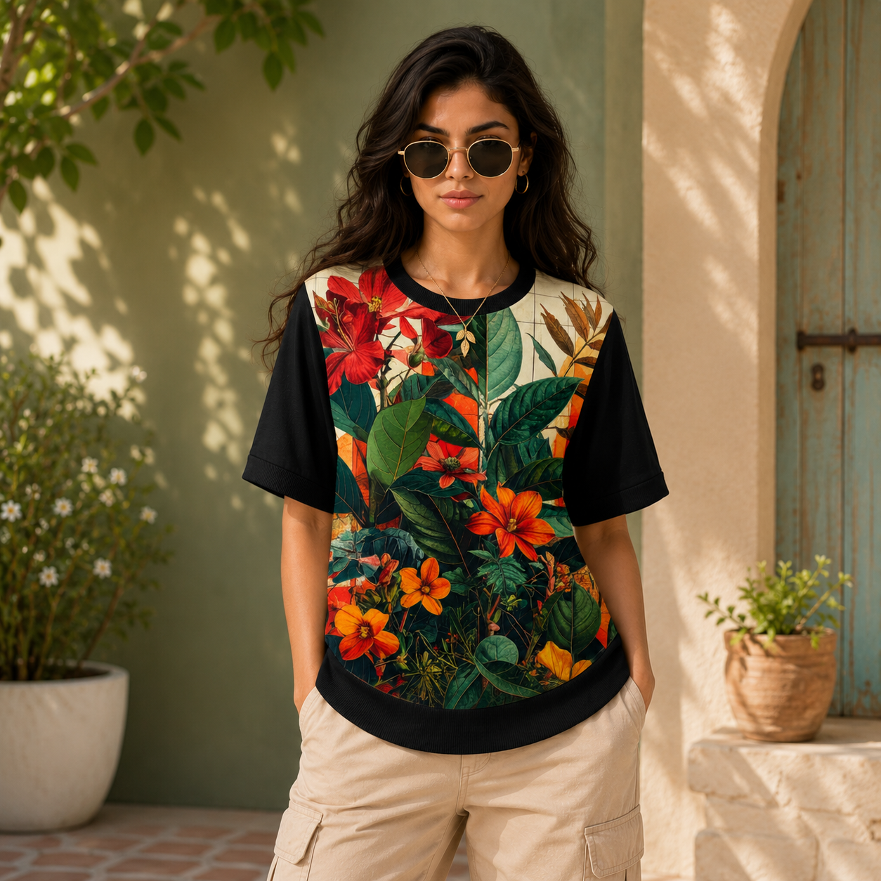 Crimson Grove – Women Red Floral Print T-shirt | Rangori