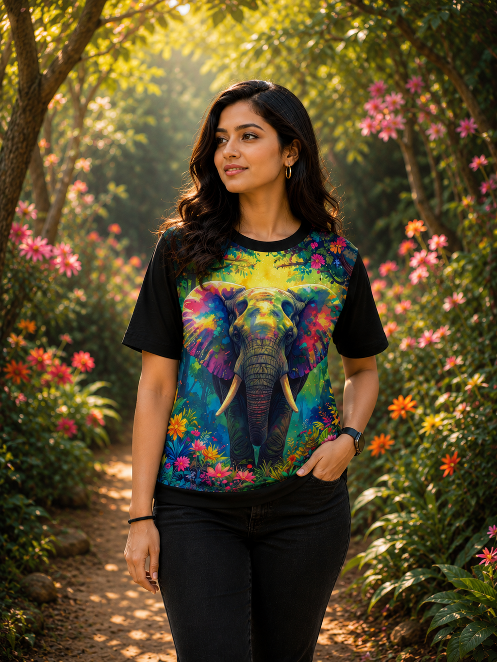 Neon Gajraaj – Women Elephant Graphic Print T-shirt | Rangori