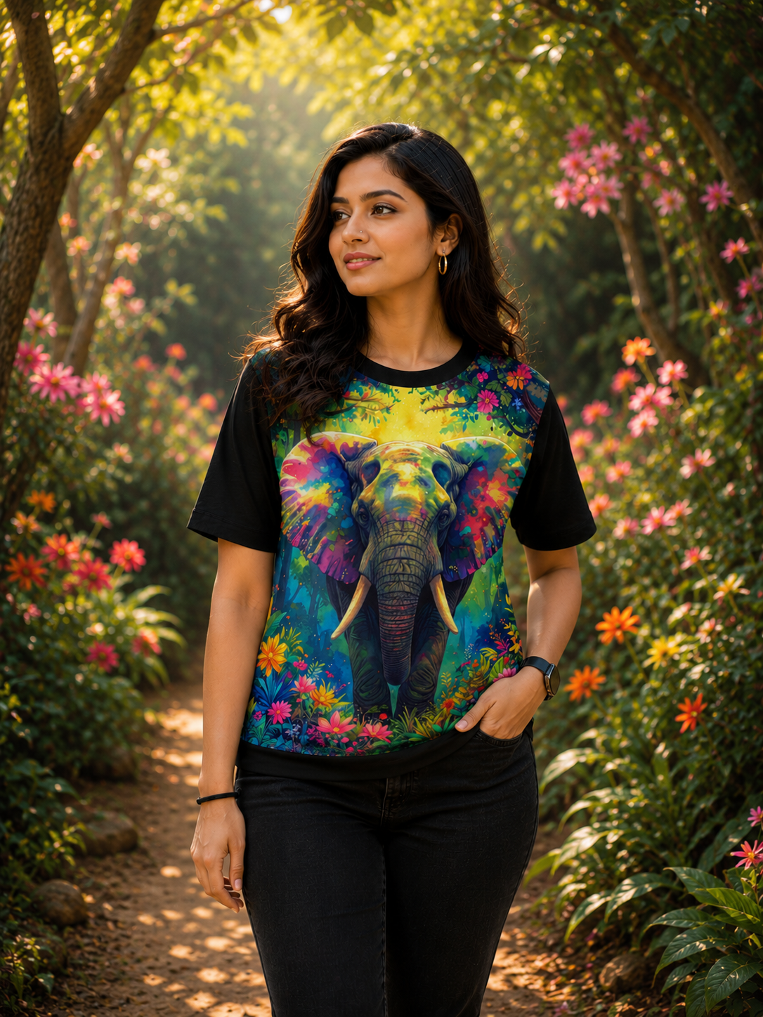 Neon Gajraaj – Women Elephant Graphic Print T-shirt | Rangori