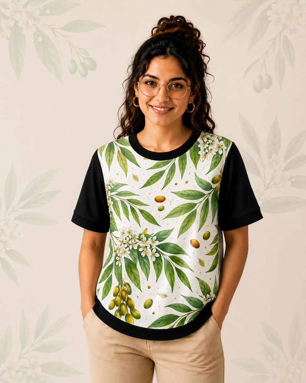 Olive Echo – Women Minimal Leaf Print T-shirt | Rangori