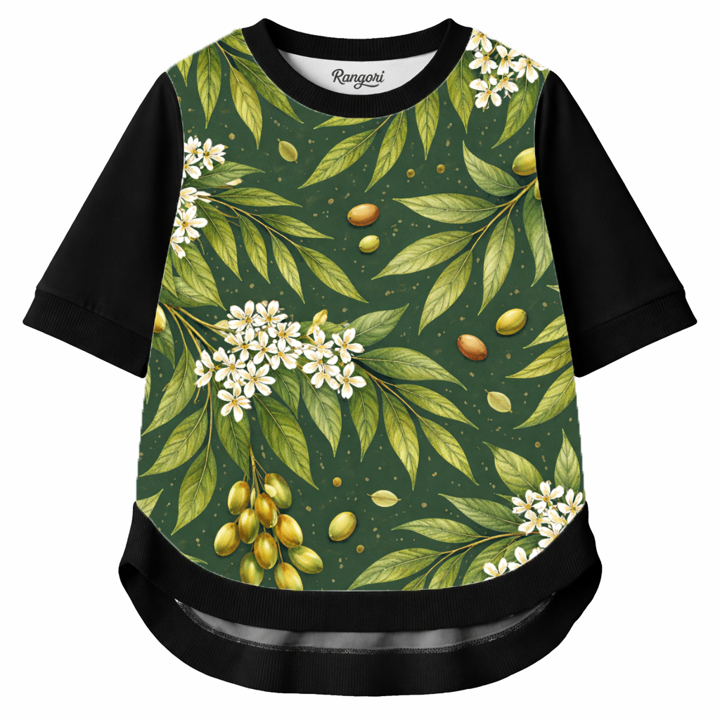 Verdant Whispers – Women Botanical Leaf Print T-shirt | Rangori